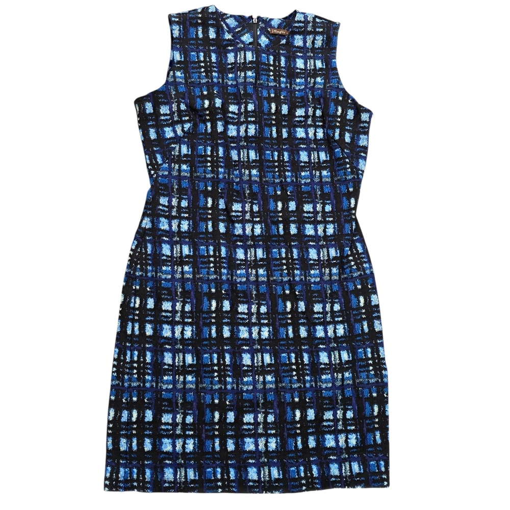 J. McLaughlin Blue Black Abstract Plaid Print Scuba Sheath Dress‎ Preppy sz Lg